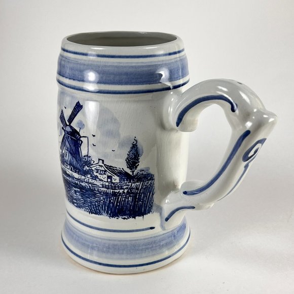 Vintage Delft Blue Beer Stein Mug Windmill Floral Hand Painted Ceramic 32 oz - Picture 2 of 16